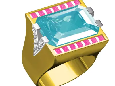 Antique Aquamarine Emerald and Ruby Princess Stone Cocktail Ring 3D print model