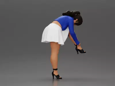 Young woman in skirt adjusts her elegant black high heeled shoes 3D print model