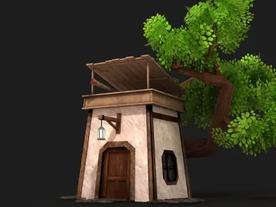 Hut and Tree Low-poly 3D model