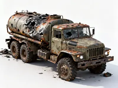  Battle-Scarred Fuel Tanker Truck 3D Vehicle Model Low-poly 3D model