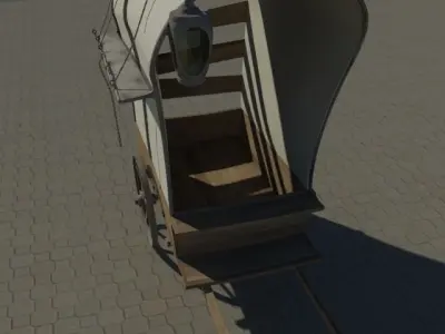 cart-charrette wooden covered wagon with lamp 3D model