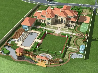 Villa mansion with swimming pool and tennis court 3D model