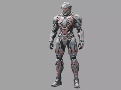 Silver Red Sci Fi Combat Armor 3D model