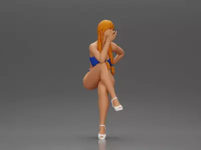 Woman sitting with Pigtails wearing smoking cigarette 3D print model