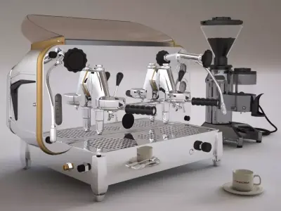 Faema e61 espresso machine and  FP Grinder with a coffee cup 3D model