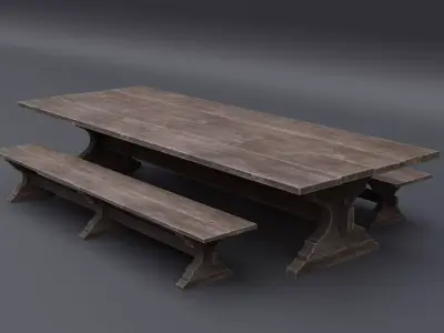 Medieval Table with Bench Low-poly 3D model