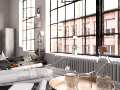 Workplace industrial style office with table and chairs 3D model purchase