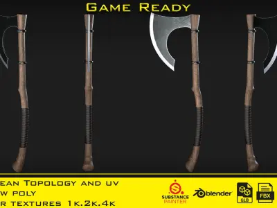 2 Axe with 3 Smart material - Game ready Low-poly 3D model
