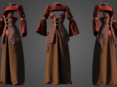 Medieval Dress Burgundy Red 3D model