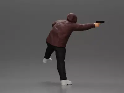Hooded gangster man sits on motorcycle aiming a pistol 3D print model