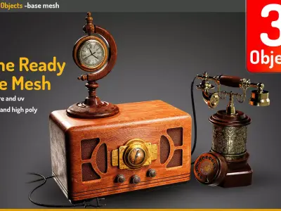 Antique Home Props 3D Pack   Vintage Phone  Radio  and Clock Low-poly 3D model