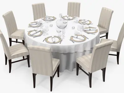 Round Dining Served Table with Chairs 3D model