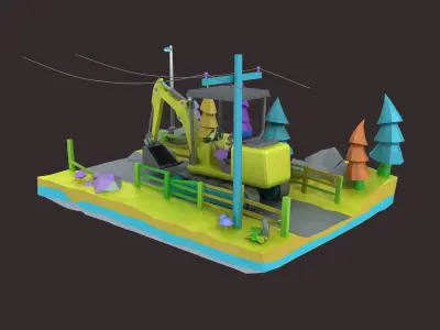 Cartoon diggers Low Poly Excavator 3D model