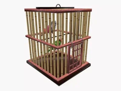 Parakeets in cage Low-poly 3D model