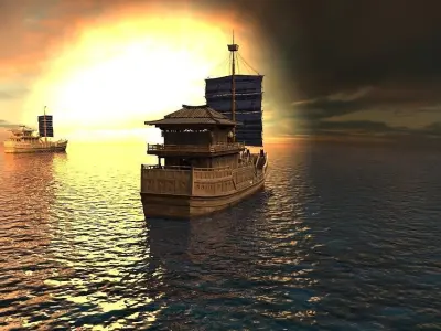Ancient Chinese warships and sailboats at sunset 3D model