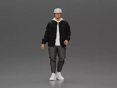 urban man walking in black jacket white hoodie cap and sneakers 3D print model