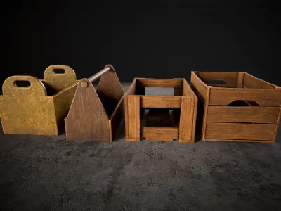 Old wooden crates pack Low-poly 3D model