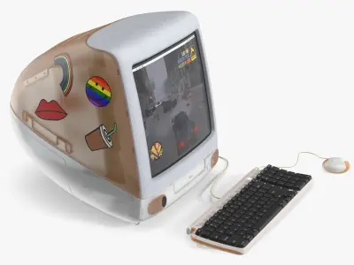 Retro Orange Desktop Computer with Stickers 3D model