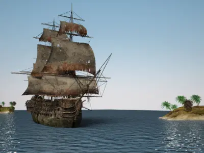 Three-deck linear galleon period 16-18 century Pirate ship Low-poly 3D model