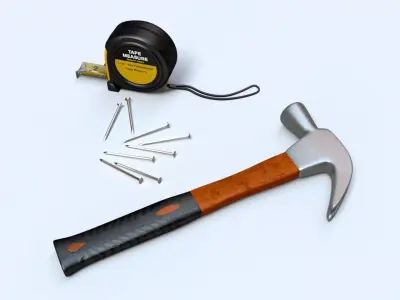 Worker tool set - Hammer Nails Tape Measure  Low-poly 3D model