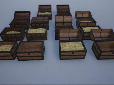 Lowpoly Wooden Animated Treasure Chests Collection 3D Model Pack