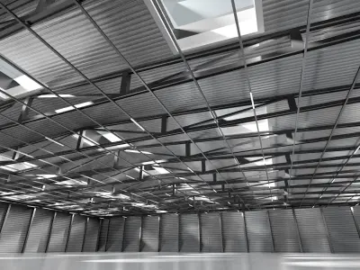 Spacious empty metal beamed Warehouse 3D model