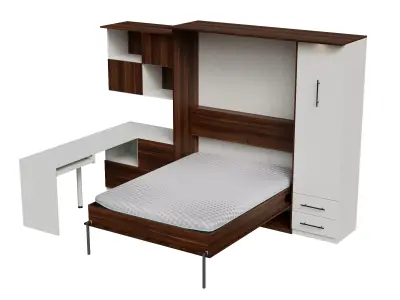 White Desk Dark Brown Cabinet Wall Bed 3D model