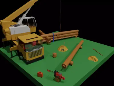Building log home scene Low-poly 3D model