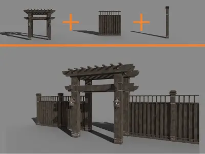 Flexible Wooden Fence Medieval Low-poly 3D model