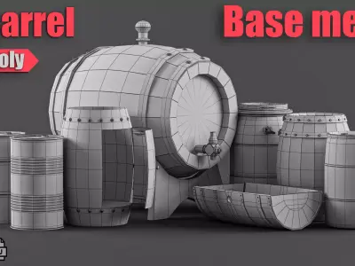 pack 8 Low Poly barrel base mesh - Game ready Low-poly 3D model