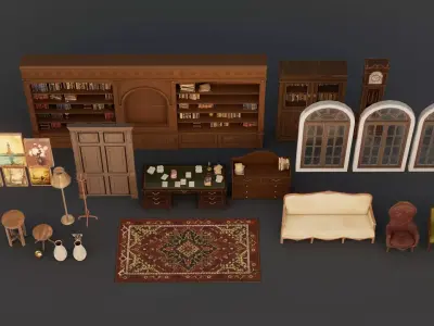 Antique Office Interior Environment Game Ready PBR Maya FBX OBJ Low-poly 3D model
