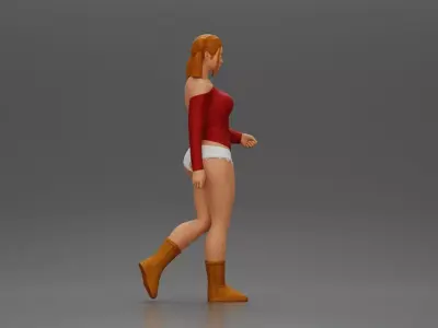 woman walking with purpose wearing top white shorts brown boots 3D print model