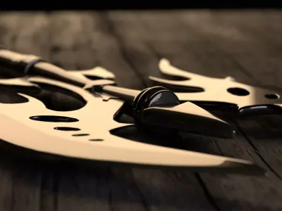 3D Axe gold sword on wooden table 3D model