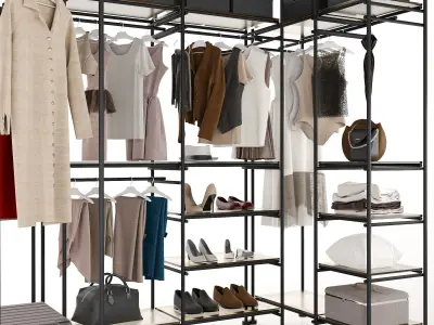 Wardrobe closet with clothes and accessories 3D model