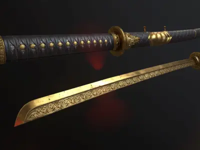 Golden Katana Sword PBR Game-Ready Low-poly 3D model