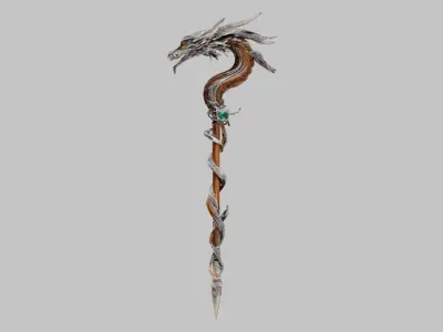 Lowpoly Magical Dragon Crafted Staff Game-Ready 3D Asset   Low-poly 3D model