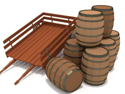 Rigged Wagon with Barrels Low-poly 3D model