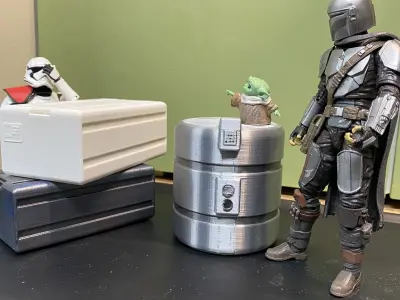 Mandalorian theme inspired round crate 3D print model