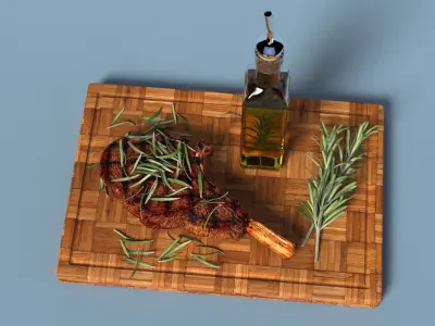 Wooden Board with Meat and Rosemary Oil 3D model