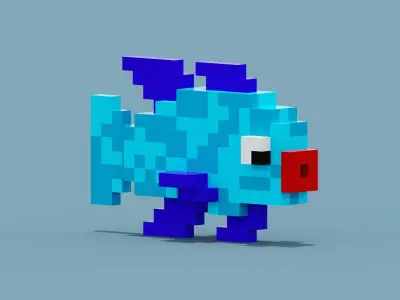 Voxel Blue Fish Low-poly 3D model