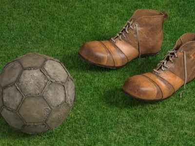  Soccer Ball Old Torn with Vintage Boots on Grass Fur 