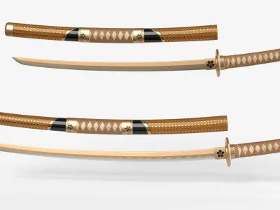 Brow Double Bladed Katana Wakizashi and Stand 3D model