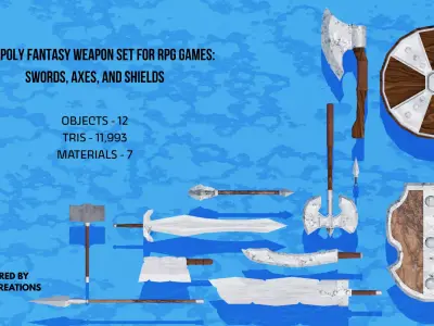 Low Poly Weapon Set for RPG Games Swords  Axes and Shields Low-poly 3D model