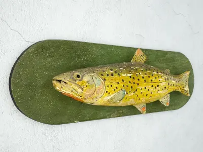 Antique Painted Carved Wood Fish Wall Sculpture 3 3D model