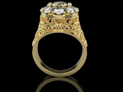 9 gem gold ring with diamonds and filigree 3D print model