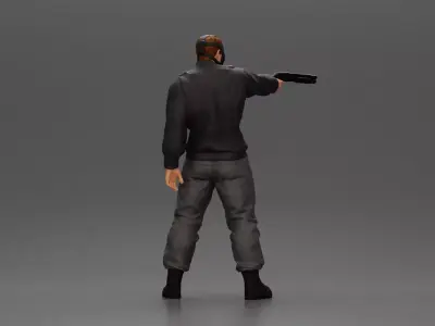 Masked man in black jacket aims shotgun with determined gaze 3D print model