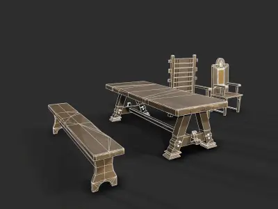 MedievalFurniture three wooden chairs and table Low-poly 3D model
