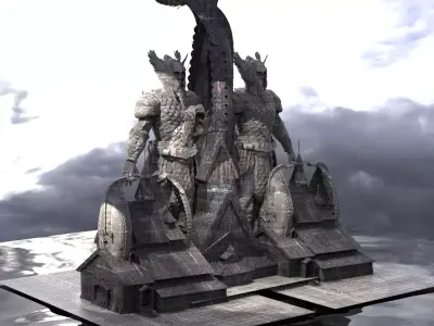 Viking Hall exterior ship design With Statue of warrior 3 3D model