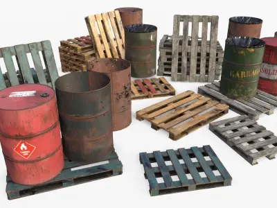 Wooden Pallet and Metallic Barrels Collection 3D Model Pack