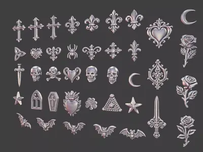 set of 40 Gothic 3D Elements for Jewelry Game Design  3D print model